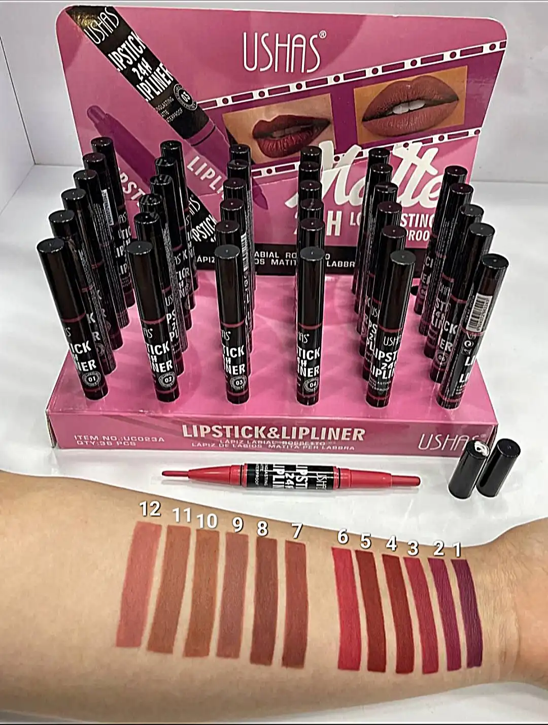 خط لب و رژ لب دو سر برند USHAS کد 023